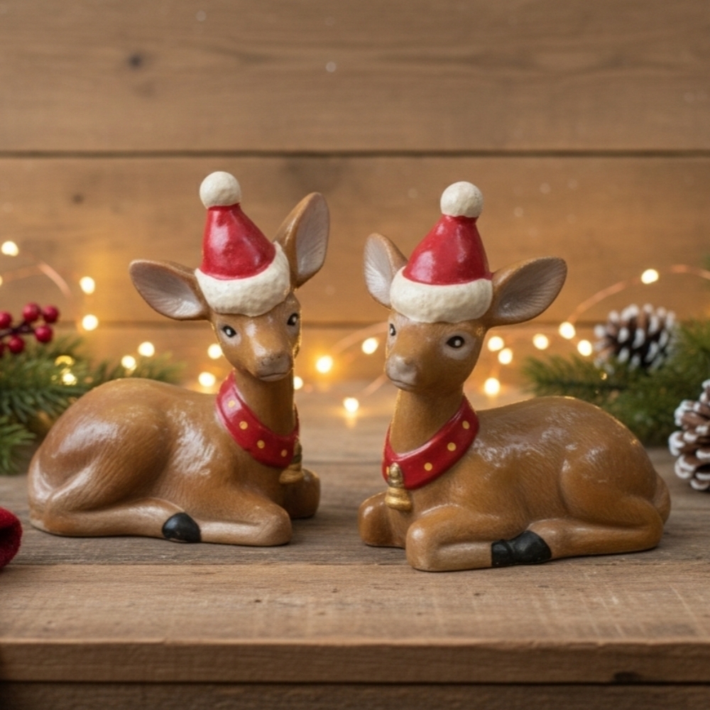 MCM Vintage Reindeer Candles Set of 2 Red‎ Santa Hat Kitschmas